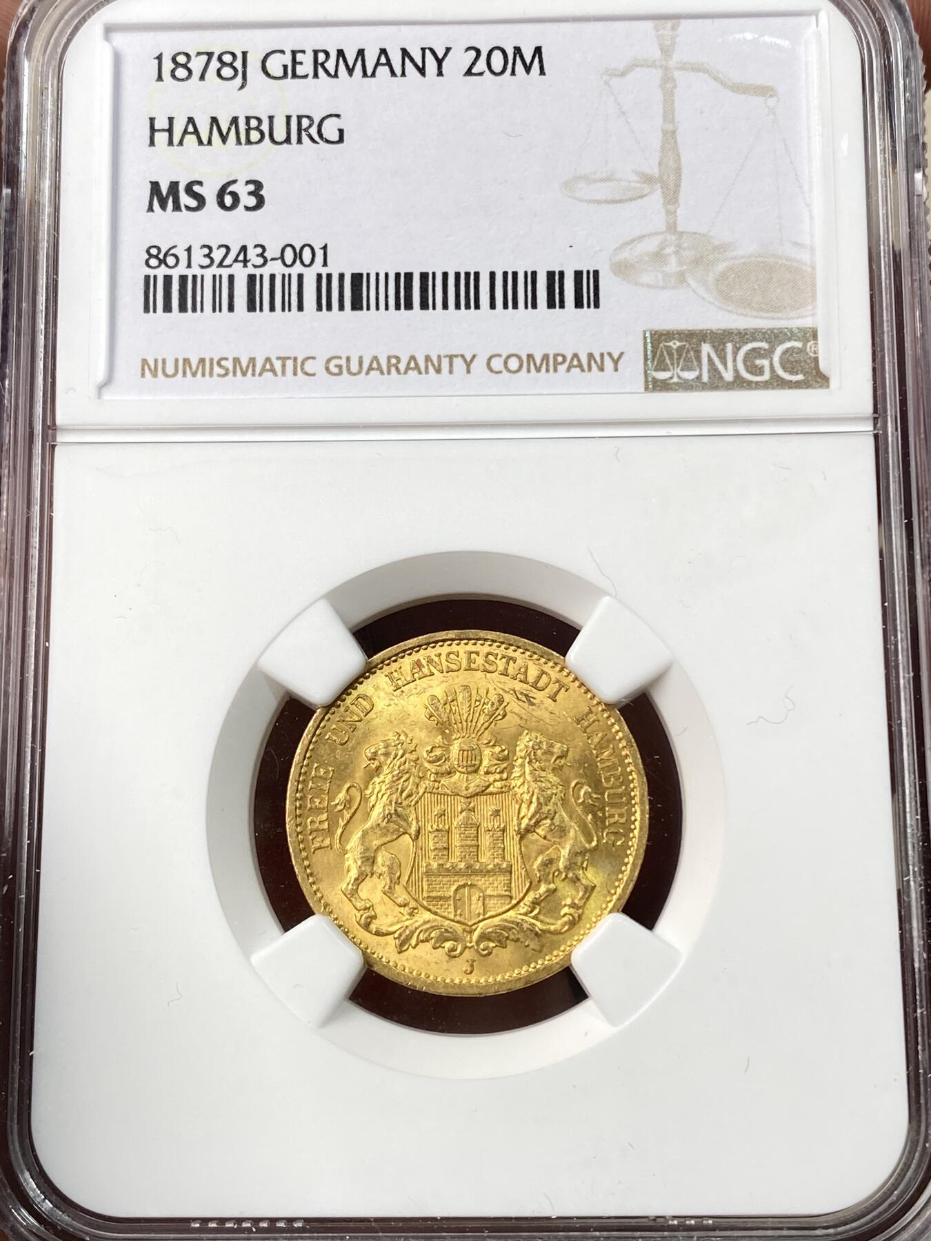 万国钱币拍卖第059期 NGC MS63 1878年德国汉堡短翅流通20马克金币 汉堡双狮短翅金主币 丝绸金光好品难得 观感超越分数的收藏级品质 7.96g 900金
