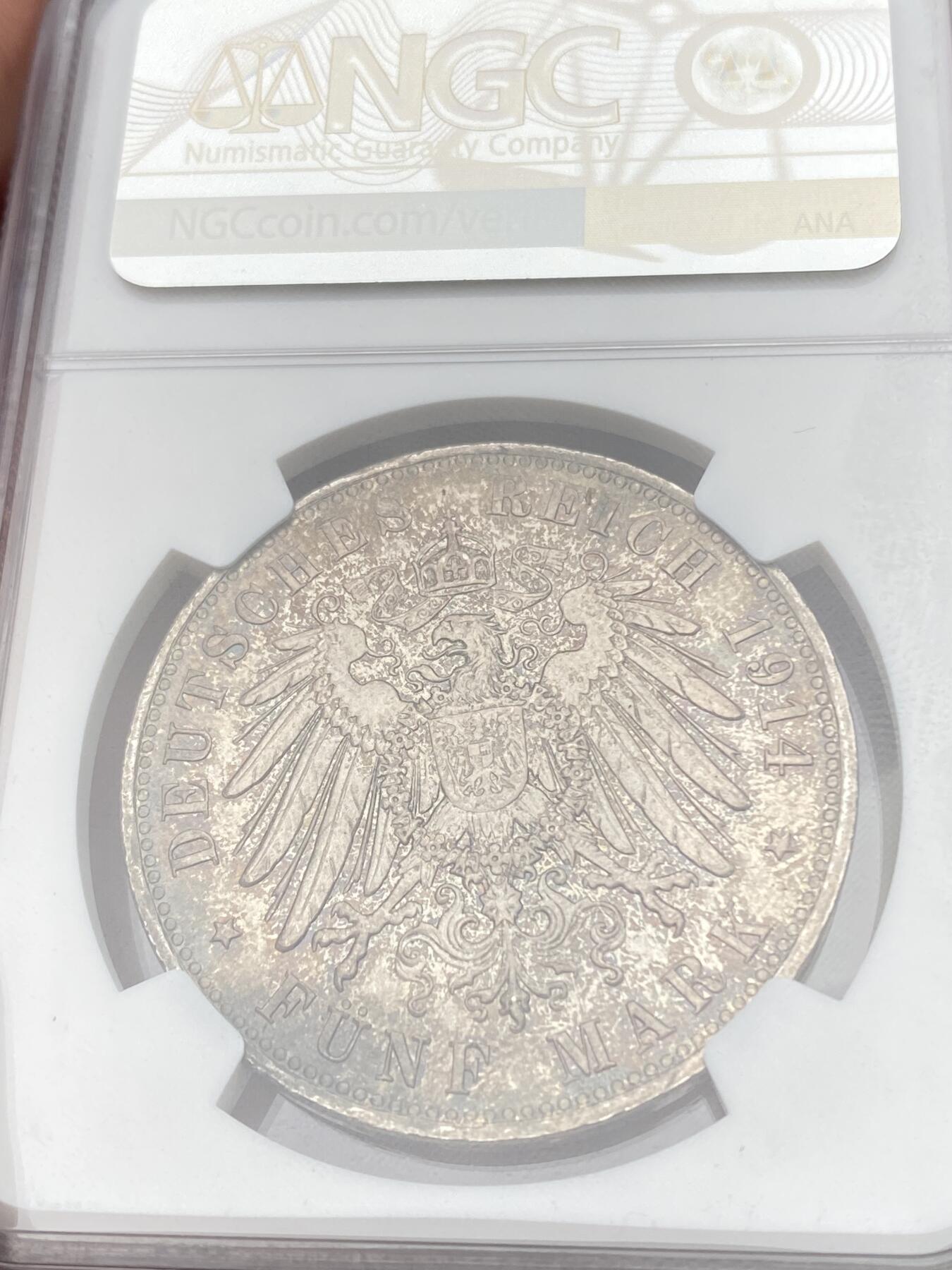 万国钱币拍卖第059期 NGC MS66 1914年德国巴伐利亚路德维希三世长翅流通5马克 发行量142600枚 能达到GEM级别的凤毛麟角 巴伐利亚末代国王 双面厚重五彩 NGC冠军分顶级典藏品质