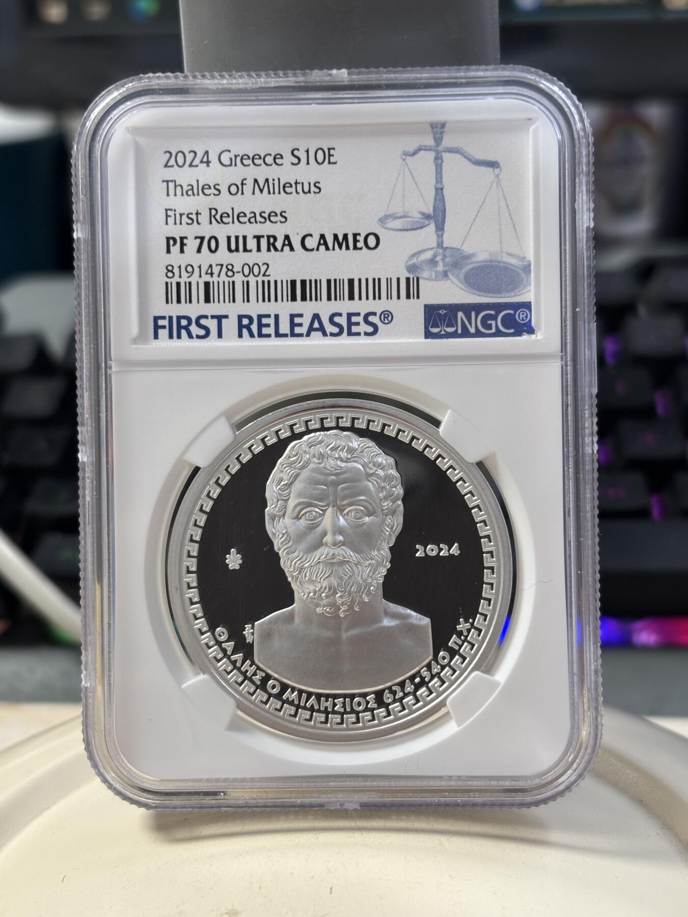 第189期拍卖 希腊2024年希腊文化系列数学家泰勒斯精制纪念银币NGC-PF70首原盒证书，925银，发行2000枚