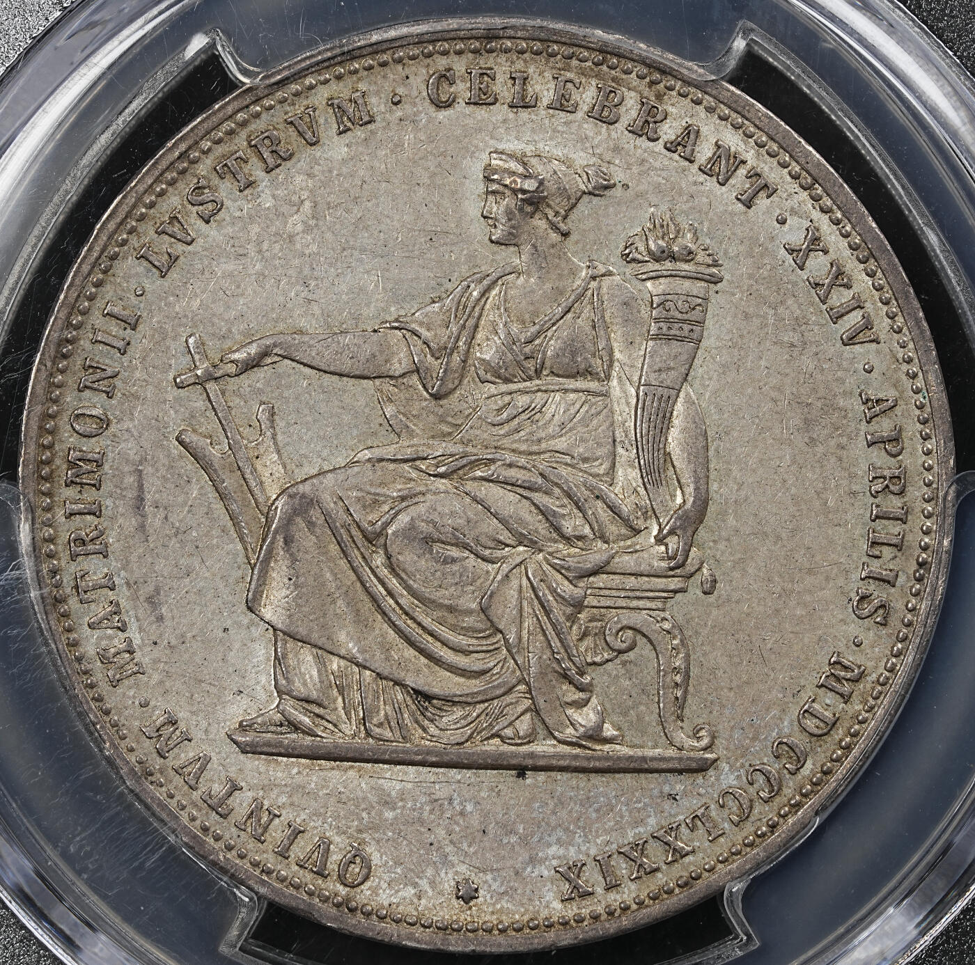修遠堂世界钱币第102期 PCGS  MS63 1879年奥匈帝国皇帝弗朗茨一世与茜茜公主银婚纪念2古尔登大银币