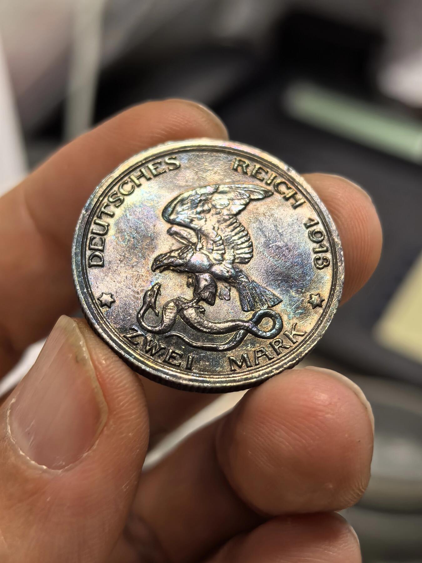 博洋堂世界钱币拍卖第158期（全场包邮） 德国普鲁士1901年建国2马克银币炫丽深 彩虹包浆含银量90