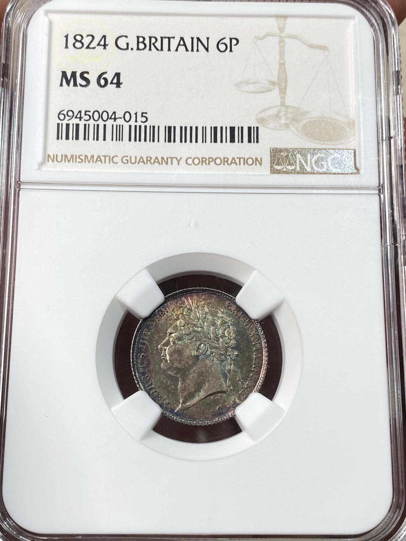 万国钱币拍卖第059期 NGC MS64 1824年英国乔治四世嘉德6便士银币 双面华丽五彩顶级典藏品质