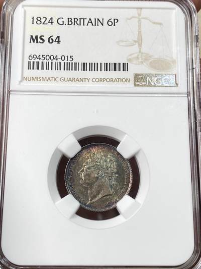 万国钱币拍卖第059期 - NGC MS64 1824年英国乔治四世嘉德6便士银币 双面华丽五彩顶级典藏品质