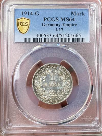 万国钱币拍卖第059期 - PCGS MS64 1914德国流通长翅1马克银币 淡彩银霜转光收藏级