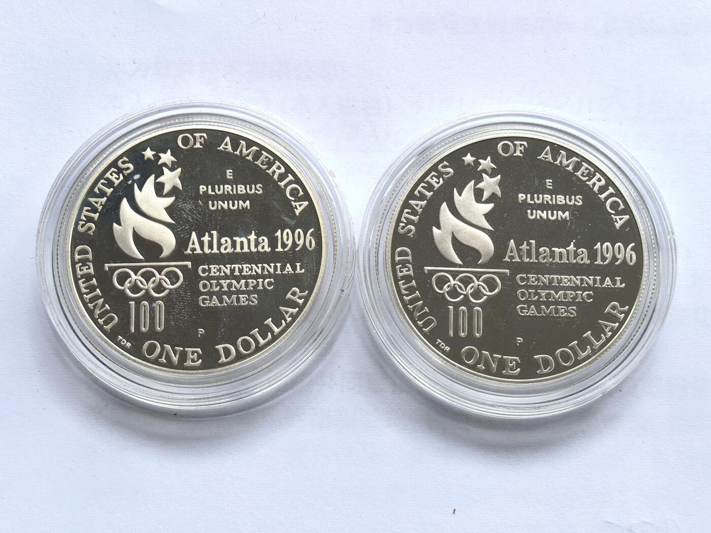 博洋堂世界钱币拍卖第158期（全场包邮） 1996年美国1美元两枚精制银币套 亚特兰大奥运会-跳高和乒乓 26.73克900银X2 盒证全
