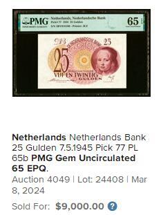 【Blue Auction】世界纸币精拍第778期——18级TOP拍卖/信誉/品质/专业/高效💫  【冠军分 无47千位小号】荷兰 1945年25盾 经典小女孩 设计简洁耐看 PMG65EPQ 顶级高分 非常罕见