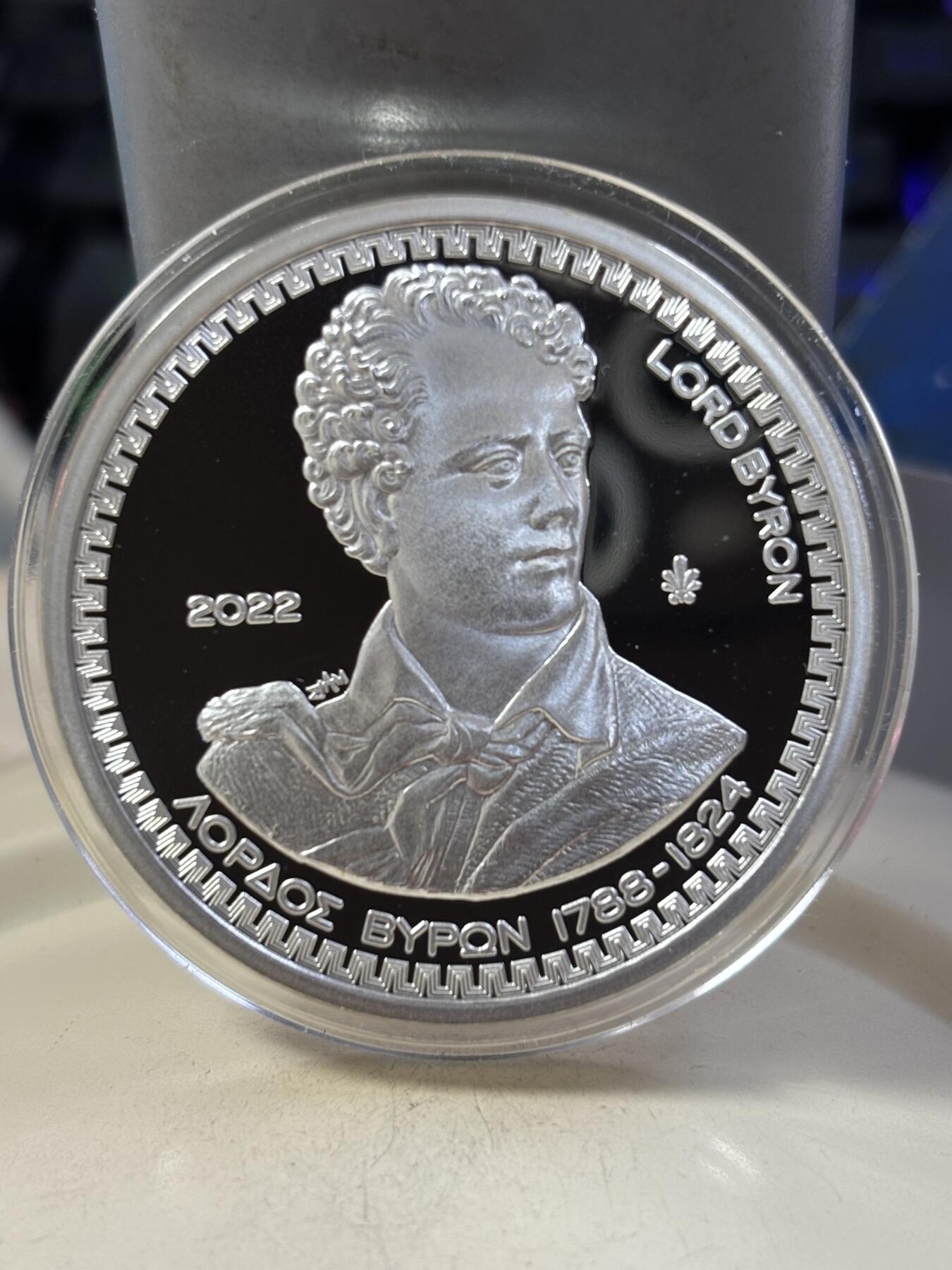 第189期拍卖 希腊2022年希腊之友英国拜伦勋爵1盎司纪念彩银币，925银，34.1克，发行2000枚