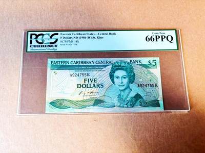 【Blue Auction】世界纸币精拍第778期——18级TOP拍卖/信誉/品质/专业/高效💫 - 东加勒比 1986-88年5元 女王 小彩背 PCGS66EPQ 