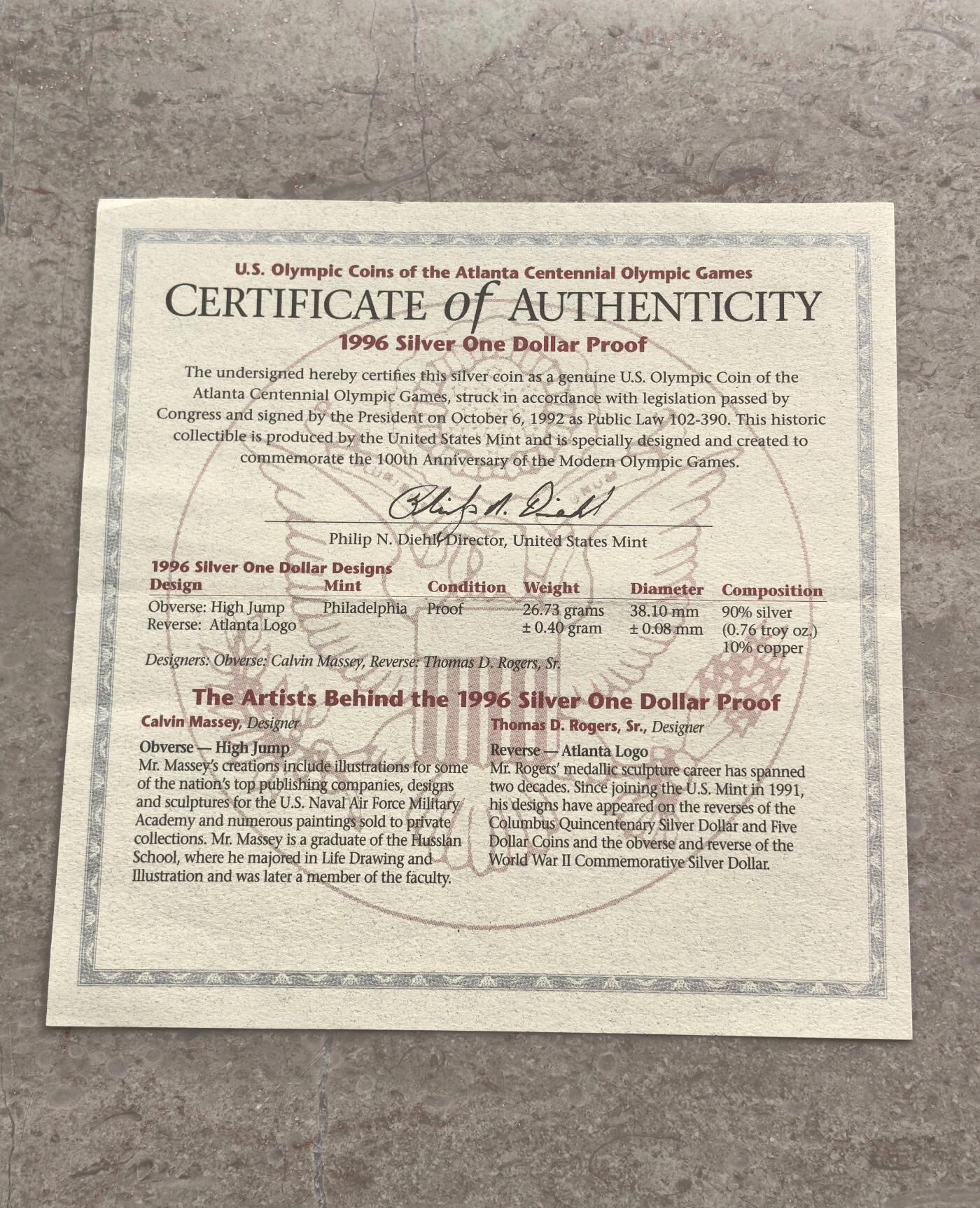 博洋堂世界钱币拍卖第158期（全场包邮） 1996年美国1美元精制银币 亚特兰大奥运会-跳高 26.73克900%银 盒证全 无外纸套