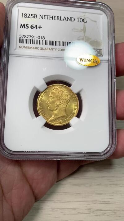 万国钱币拍卖第059期 NGC MS64+ 1825B荷兰威廉一世10盾金币 布鲁塞尔造币厂铸 威廉一世大头像 高品罕见的早期荷兰金币 丝绸金光BU品质 WINGS金标认证 6.73g 900金 25年9月HA一枚63分成交价1680美金