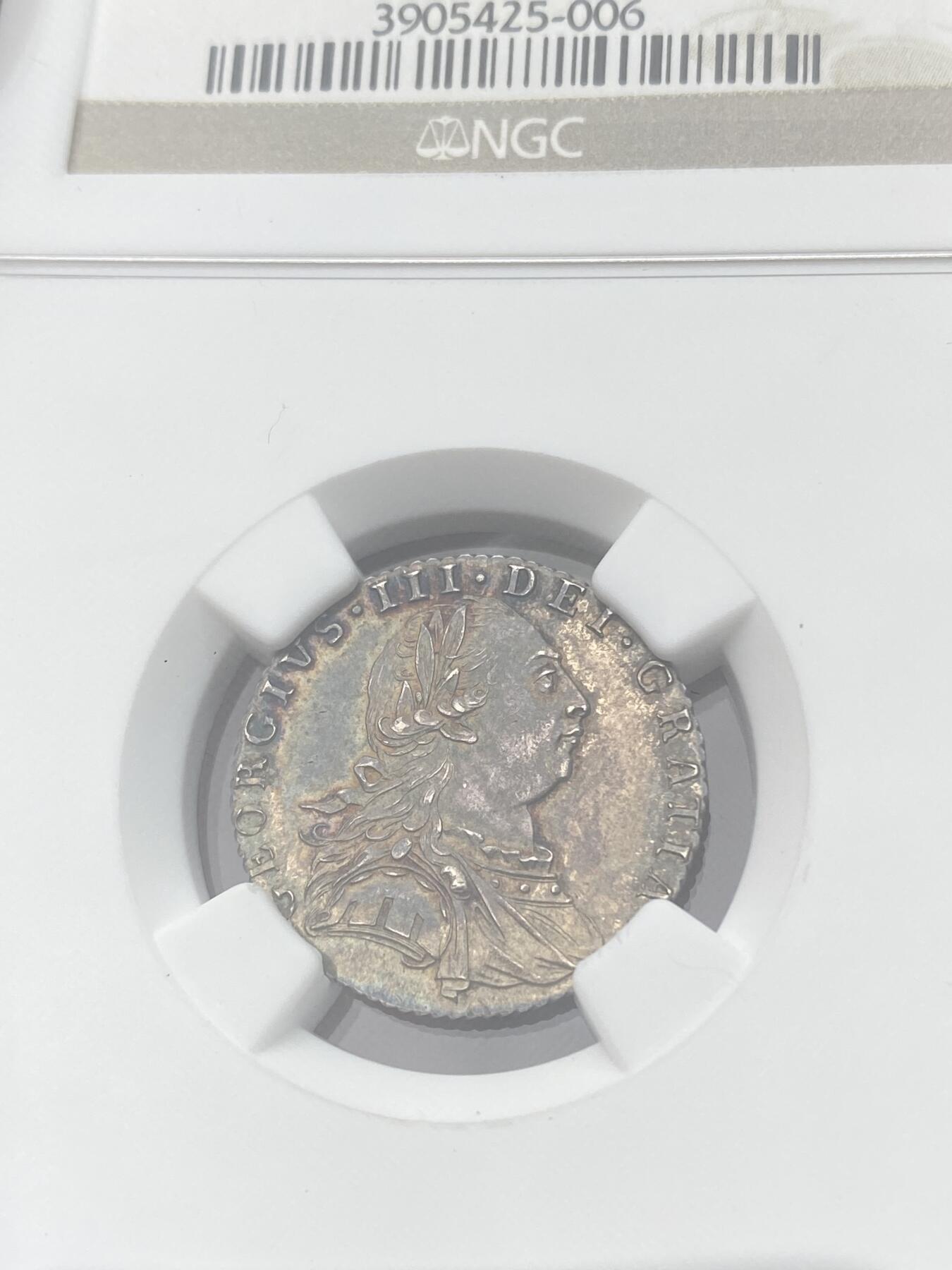 万国钱币拍卖第059期 NGC MS64 1786年英国乔治三世6便士银币 顶级大不列颠天鹅绒孔雀蓝彩极美收藏级