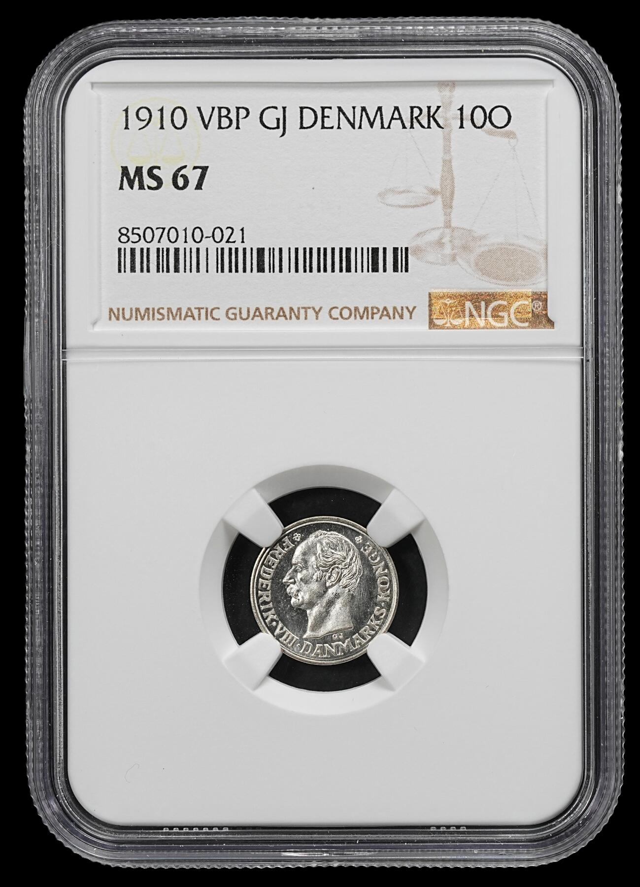 修遠堂世界钱币第102期 NGC MS67 1910年丹麦10欧尔银币 顶级品相，币面有类镜面感