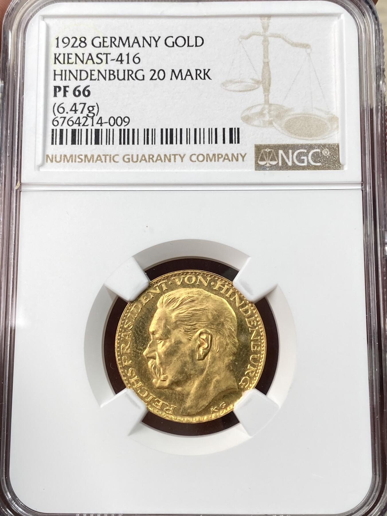 万国钱币拍卖第059期 NGC PF66 1928年德国魏玛共和国兴登堡总统80大寿纪念20马克金章 卡尔哥茨名誉设计深度精制镜面喷砂 顶级GEM收藏级品质 900金 6.47G