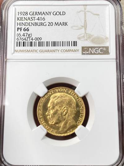 万国钱币拍卖第059期 - NGC PF66 1928年德国魏玛共和国兴登堡总统80大寿纪念20马克金章 卡尔哥茨名誉设计深度精制镜面喷砂 顶级GEM收藏级品质 900金 6.47G