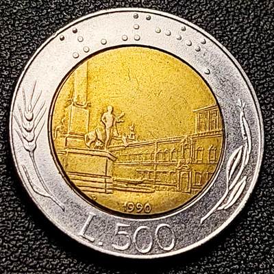 泉币菌-第173场- 精品福利场 - 世界首枚双色币 意大利1990年500里拉 罗马建筑雕像 广场 25.8mm