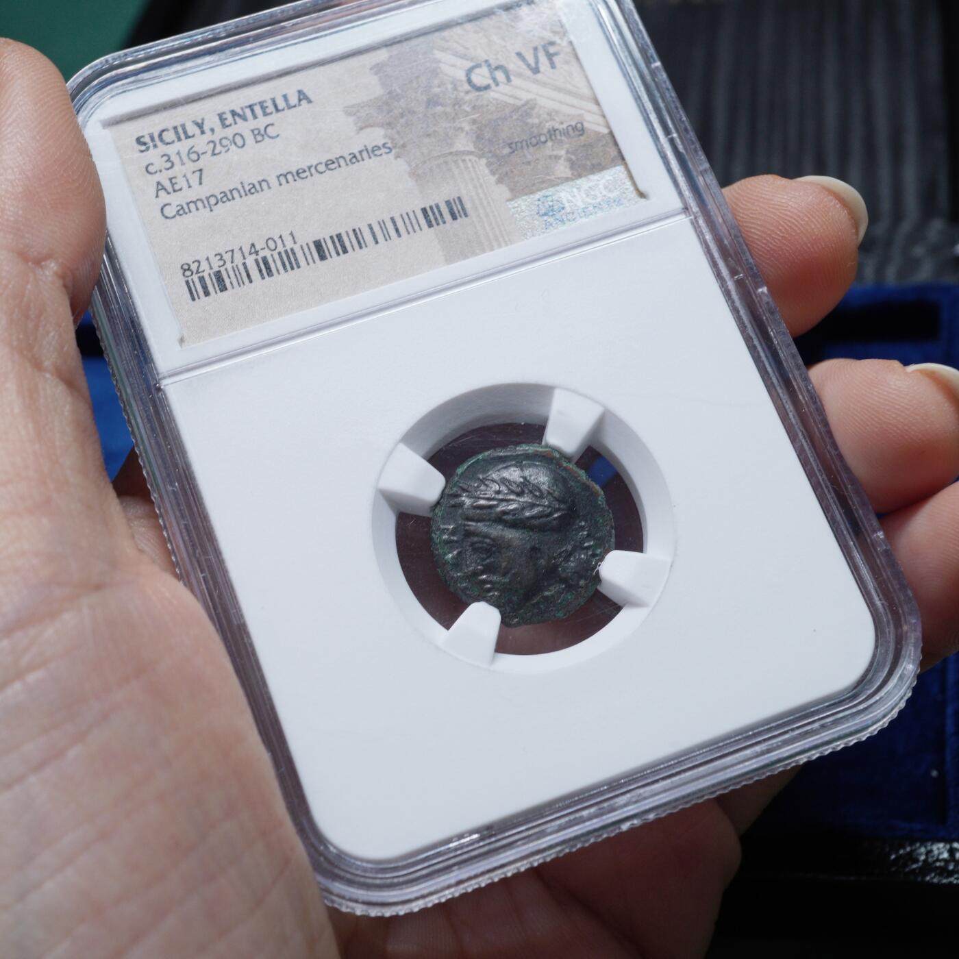 琋语集藏2026年02月欧洲古典打制币拍卖 古希腊西西里岛-恩泰拉 男性战盔像与骏马铜币（NGC评级）