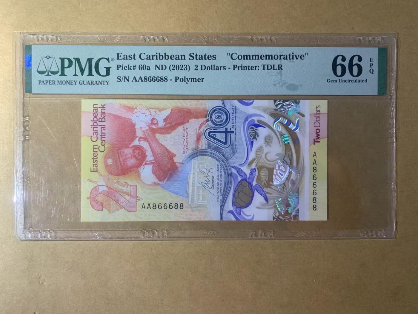 【礼羽收藏】🌏世界钱币拍卖第131期 【AA866688】2023年东加勒比2元纪念钞 首发AA冠 圆圆号 数二 68组合 尾88 PMG66 2023年IBNS世界最佳纸币