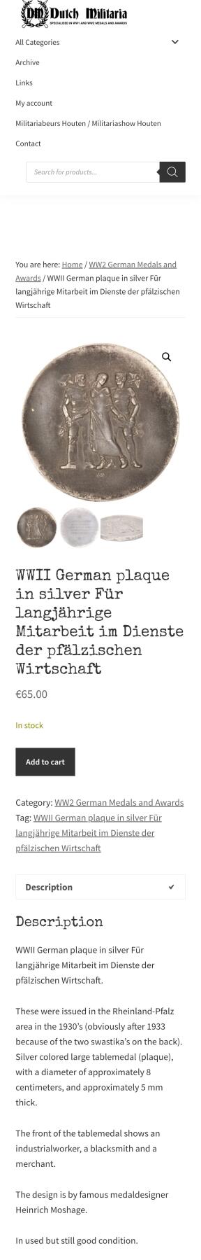 盛世勋华——号角文化勋章邮票专场拍卖第301期 德国（1939）普法尔茨大区经济建设贡献功勋章牌 大尺寸直径88mm 带厂标 市场价65欧参见图五