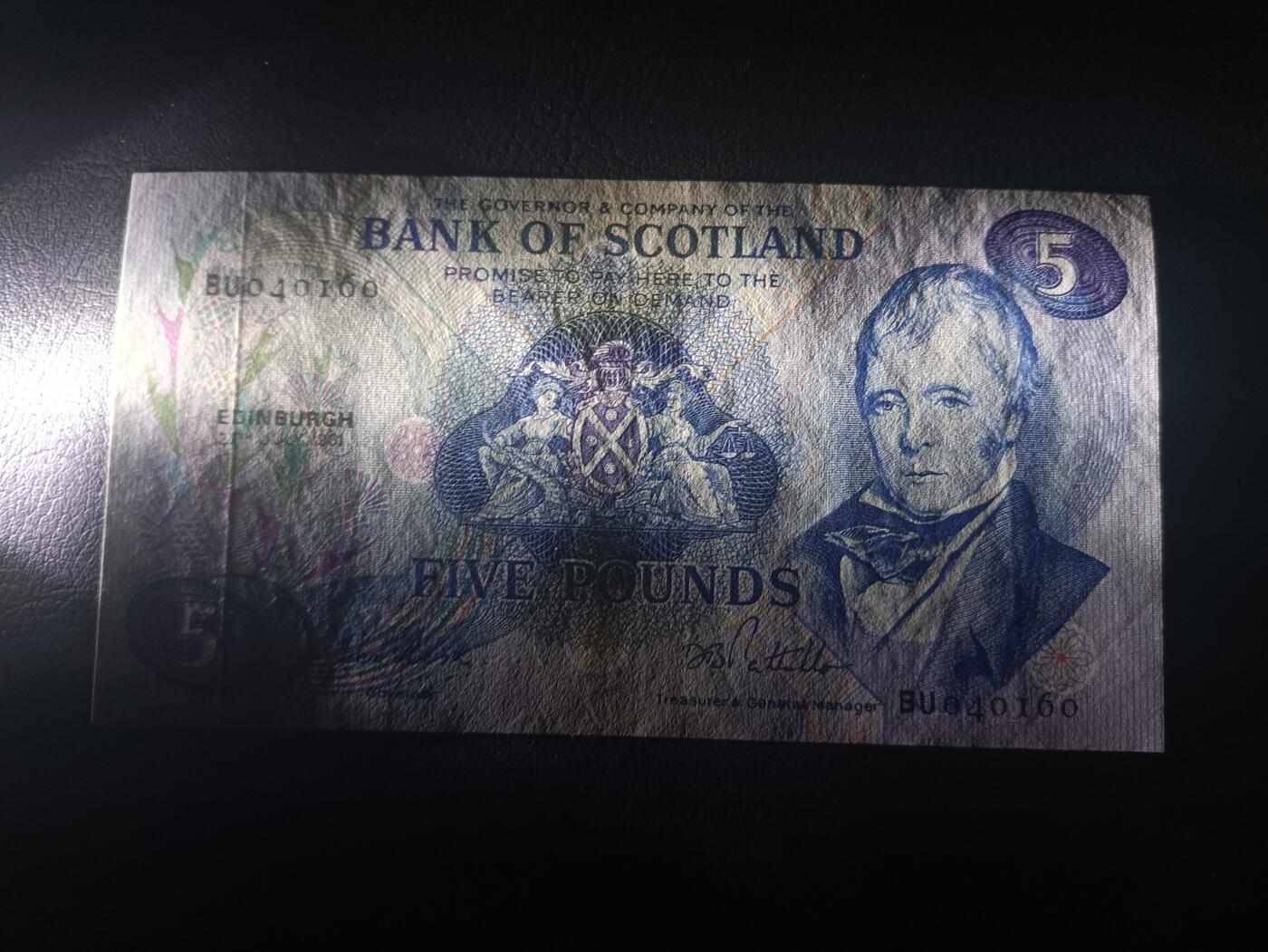 2026一月第四期，总214期 苏格兰银行1981年5镑UNC-，诗人沃尔特斯科特和帆船和杜卡特金币，早期品种