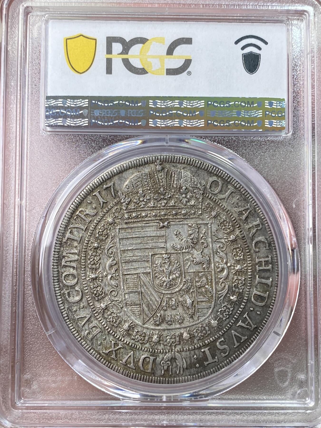 万国钱币拍卖第059期 PCGS AU58 1701年神圣罗马帝国利奥波德一世大泰勒 著名的神罗猪嘴泰勒 飘逸大波浪卷发 深打原味淡彩