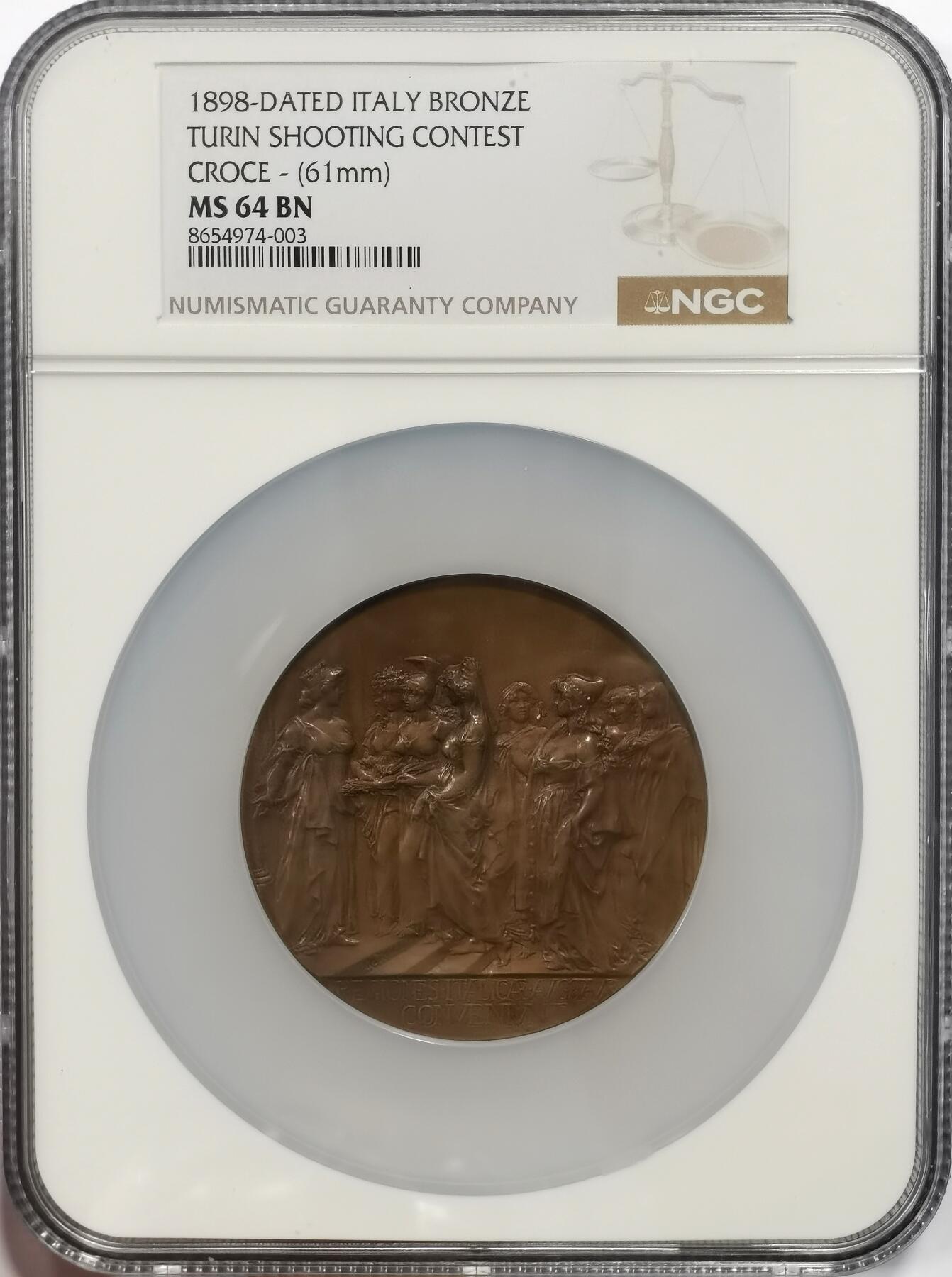 博洋堂世界钱币拍卖第158期（全场包邮） NGC MS64 1898年意大利都灵第三届射击节纪念大铜章，直径61mm，正面为群女交谈，刻画生动栩栩如生，背面为月桂树和印有都林市徽章的旗帜，品相上乘