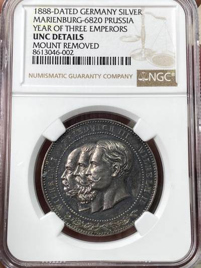 万国钱币拍卖第059期 - NGC UNCD 1888年德国三皇之年普鲁士鹰纪念银章  原味黑彩全深打高浮雕帝国鹰
