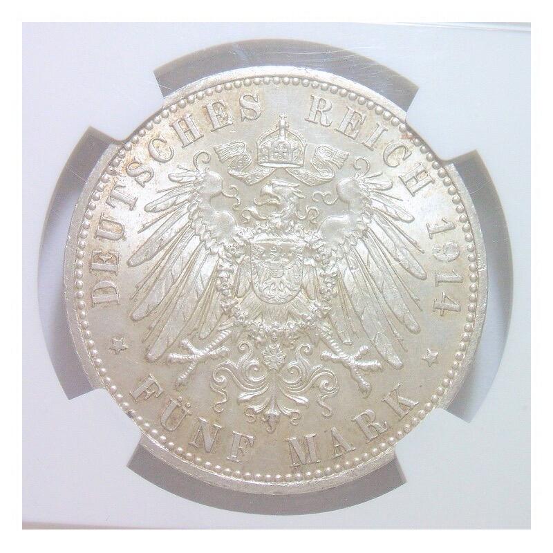 【旋风钱币】1月24日19:00准时开拍 精美欧洲币章、银币银章、第三帝国钱币等 全场包邮！ 【银】NGC MS63 德国普鲁士1914年 威廉二世军装5马克大银币 难得开卷原光