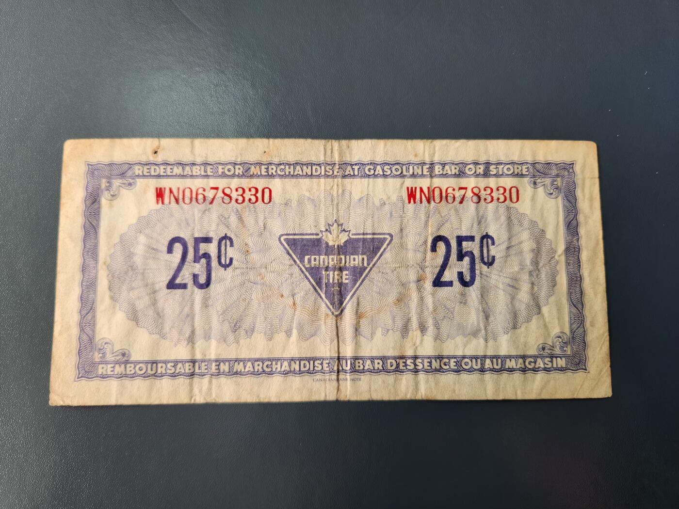 1月22号晚上8点 外国纸币自动截拍第11场 加拿大 轮胎公司代用币 25美分 原票旧品