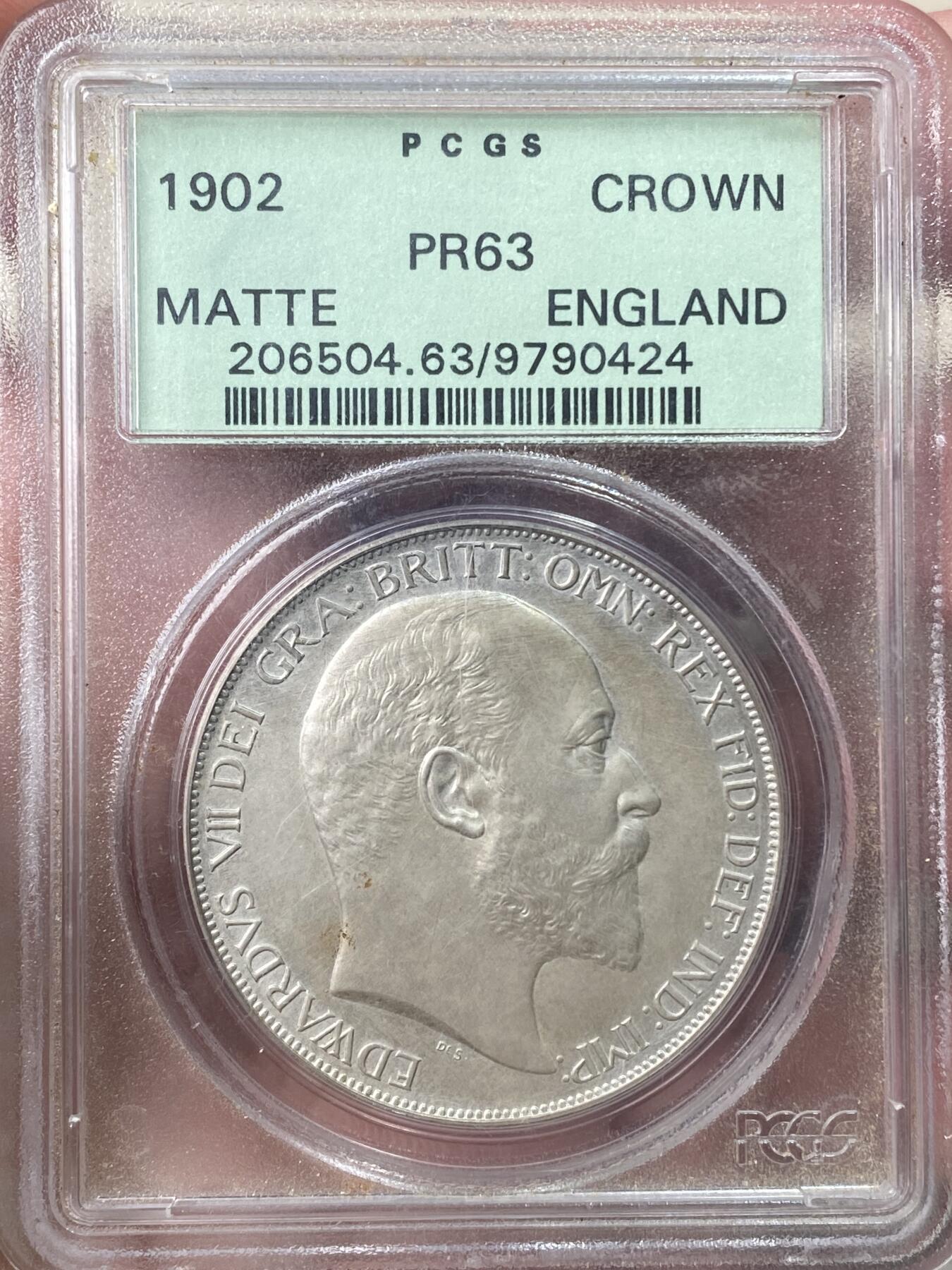 万国钱币拍卖第059期 PCGS PR63 1902年英国爱德华七世马剑精制克朗 P记老绿盒磨砂精制 原味包浆素描质感收藏级