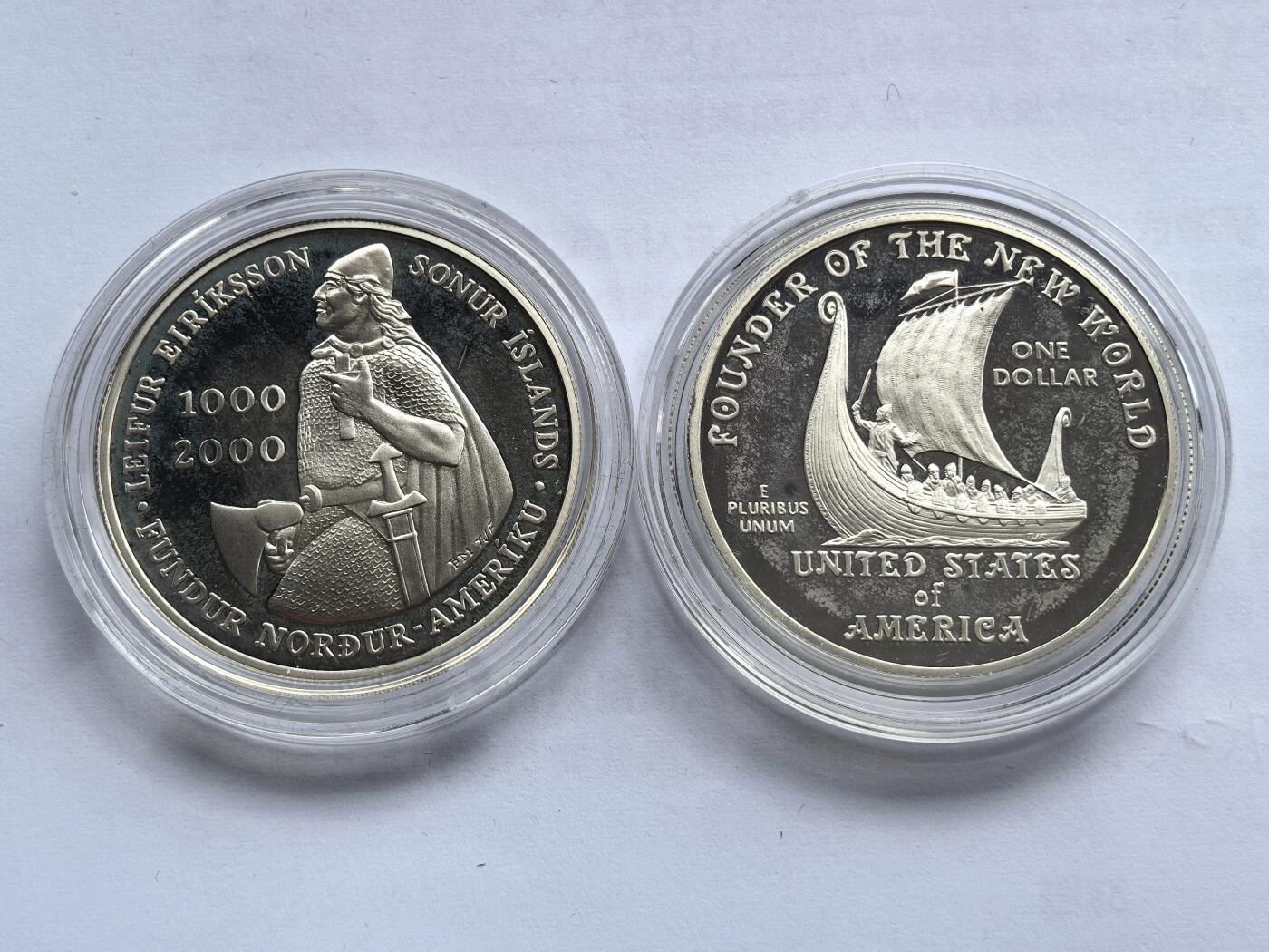 博洋堂世界钱币拍卖第158期（全场包邮） 2000年美国1美元和1000冰岛克朗精制银币套 2000年利耶夫·埃里克森发现美洲千年纪念 26.73克900银X2 盒证全
