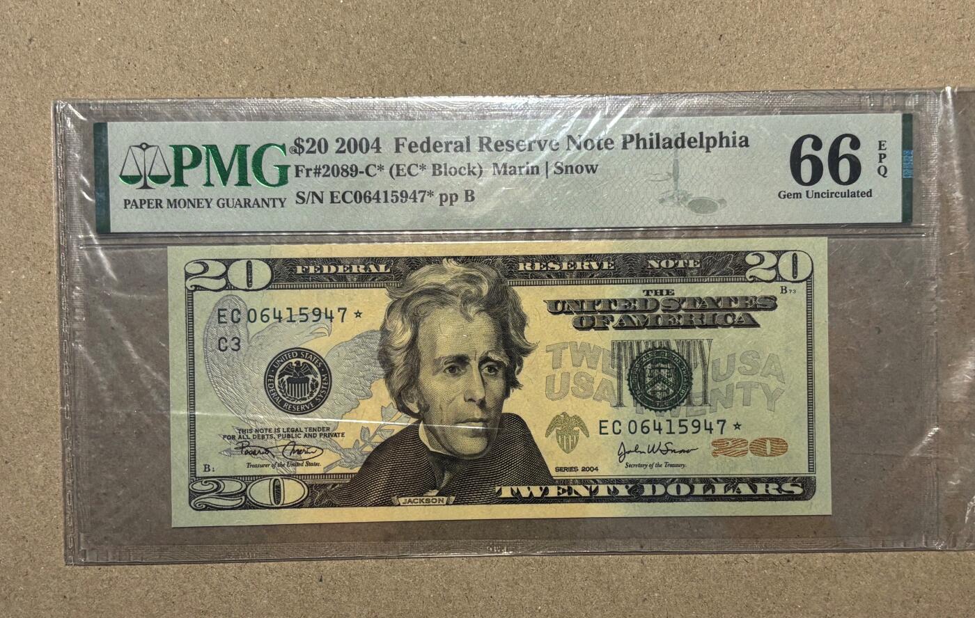 【礼羽收藏】🌏世界钱币拍卖第121期 2004年 彩色版20美元 首发年份 星补号 PMG66EPQ