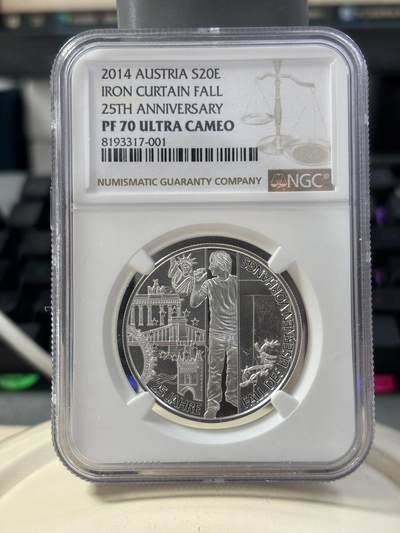 第189期拍卖 - 获奖奥地利2014推到柏林墙精致银币NGC-PF70无原盒证，900银，20克，发行50000枚