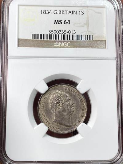 万国钱币拍卖第059期 - NGC MS64 1834年英国威廉四世1先令银币 极美香槟色调车轮转光地板 NGC老盒