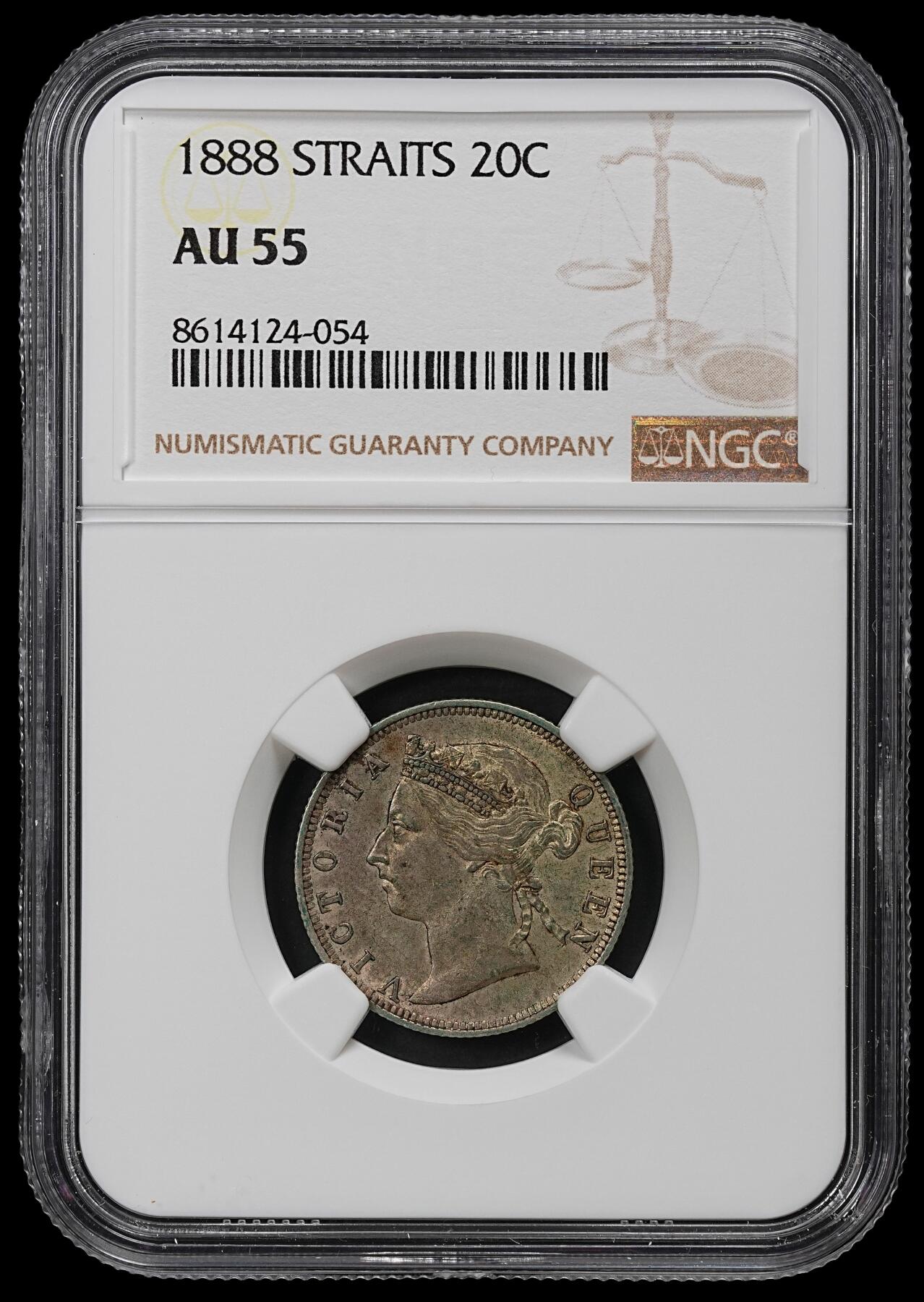 修遠堂世界钱币第102期 NGC AU55 1888年海峡20分银币 