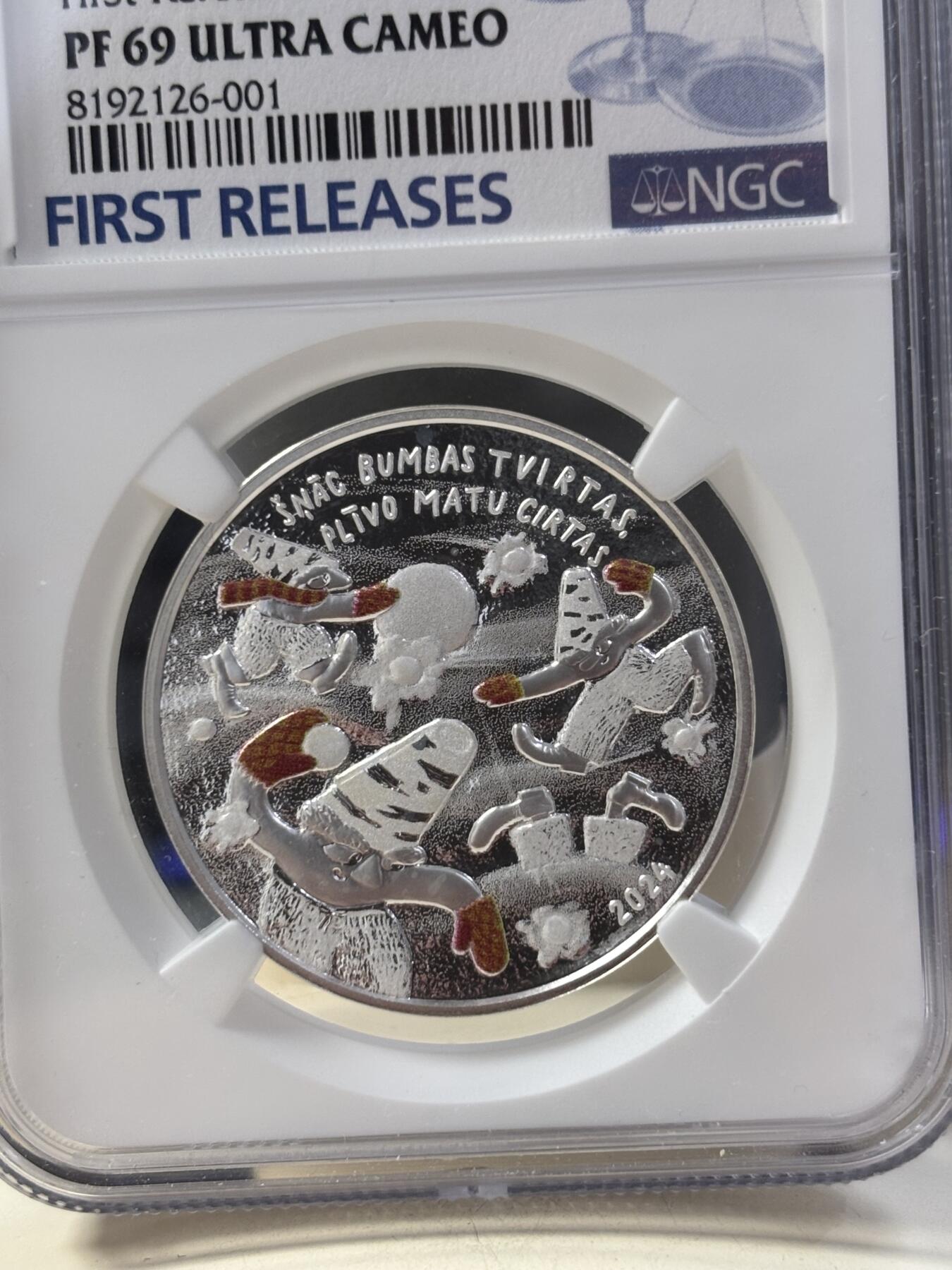 第189期拍卖 拉脱维亚2024年发行快乐童年5欧元局部彩色精制纪念银币NGC-PF69首无盒无证书，999银，22克，发行量4000枚