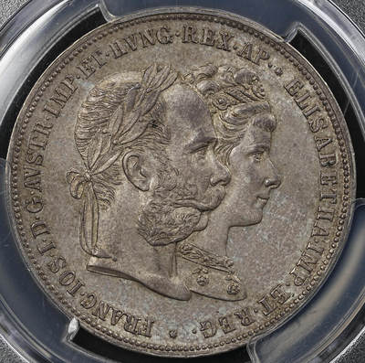 修遠堂世界钱币第102期 - PCGS  MS63 1879年奥匈帝国皇帝弗朗茨一世与茜茜公主银婚纪念2古尔登大银币