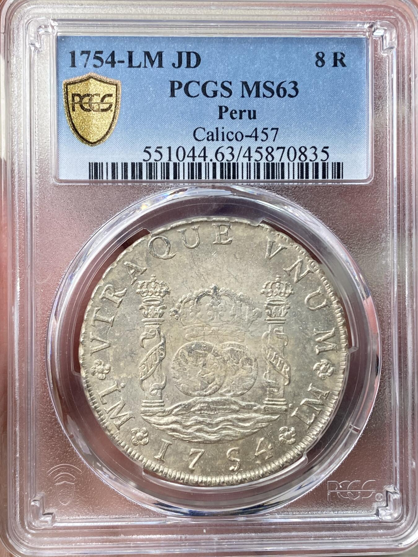 万国钱币拍卖第059期 PCGS MS63 1754西属秘鲁地球双柱8里亚尔银币 大名鼎鼎的利马厂铸造 西班牙大航海时代的产物 美国本土一直到1857年才终止了其作为货币流通的功能 此枚双面原光层极其饱满 打制深峻 不可多得的一枚典藏级地球 PC亚军分更高仅一枚 HA最近两枚同年份63成交价都在7200美金 此次贴脸入手机会切勿错过
