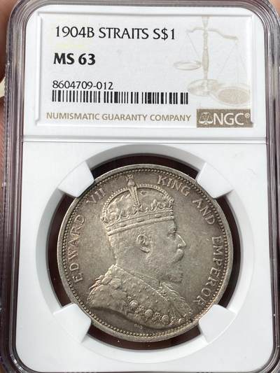 万国钱币拍卖第059期 - NGC MS63 1904年英属海峡爱德华七世一元大样 原味玫瑰红五彩也掩盖不住的底光迸发 在英属海峡系列中绝对难得一见的顶级收藏品质