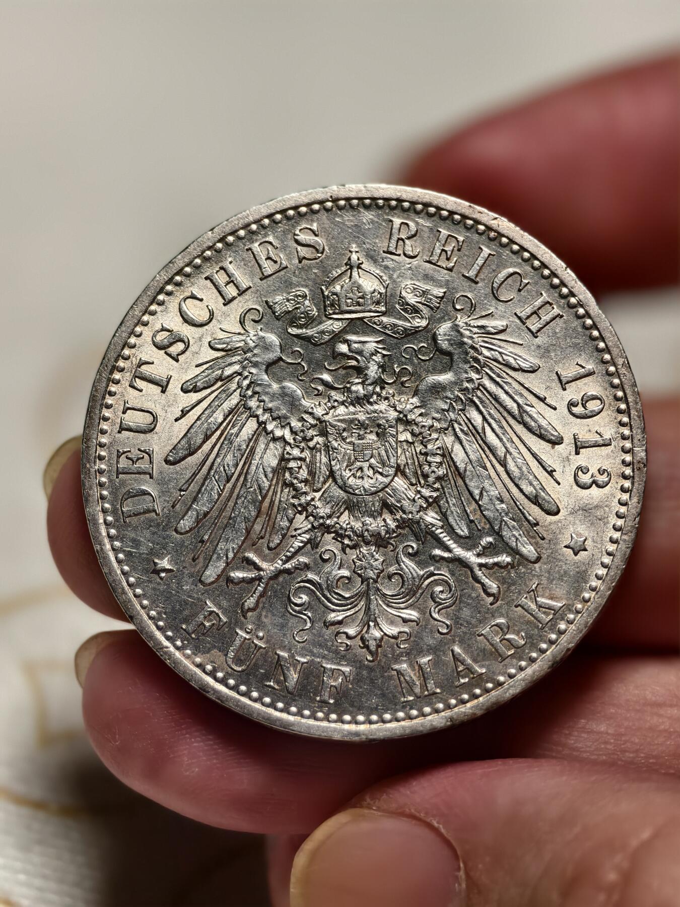 抚柳草堂-第十期章牌钱币  奖章勋章限时免佣 满百包邮 放漏专场 1913德国普鲁士威廉二世5马克银币 五彩人像背面原光 非常惊艳的一枚 重27.8g