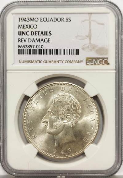 博洋堂世界钱币拍卖第158期（全场包邮） - NGC UNC 厄瓜多尔1943年5苏克雷大银币，卷拆级别，转光好品，瑕不掩瑜。