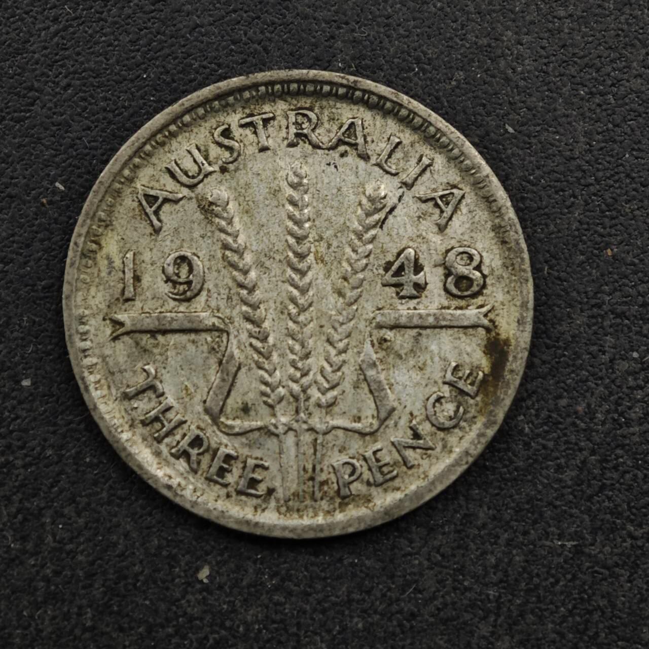 【淘币小摊】实时拍第八百五十三拍   散币银币场   满百包邮可预留二周 每周一统一发货   澳大利亚1948年乔治六世3便士银币