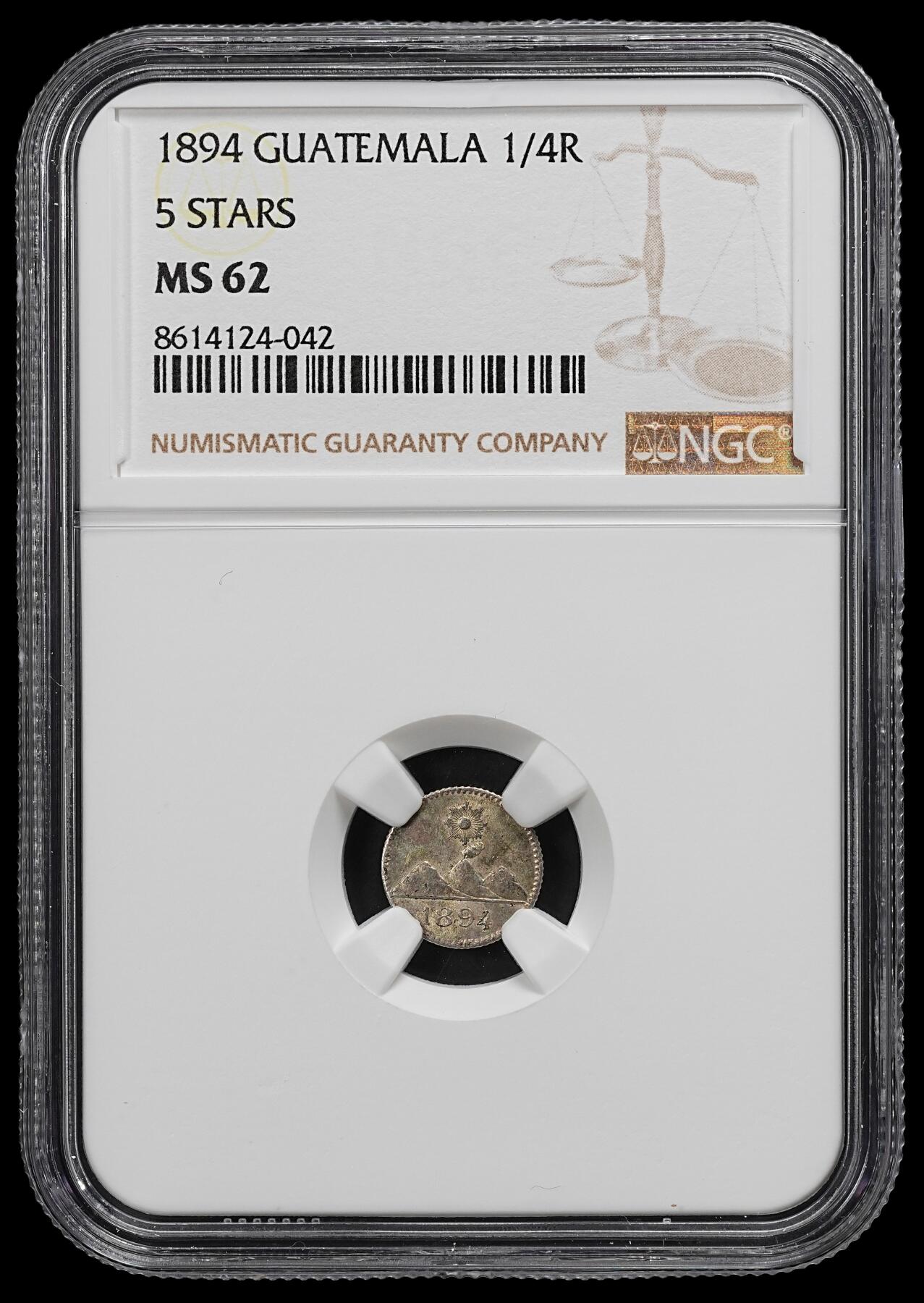 修遠堂世界钱币第102期 NGC MS62 1894年危地马拉1/4 REAL小银币