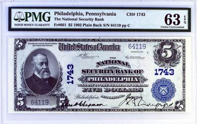 【Blue Auction】世界纸币精拍第778期——18级TOP拍卖/信誉/品质/专业/高效💫 - 【手签字迹清晰】美国 宾夕法尼亚州 1902年5美金 背面经典油画《Landing of the Pilgrims》（朝圣者登陆）设计精美 美国第23任美国总统本杰明·哈里森 大胡子雕刻佳 PMG63EPQ 全新原票 老壳（同fr.601同银行同分连号的一张今年拍了840美金）