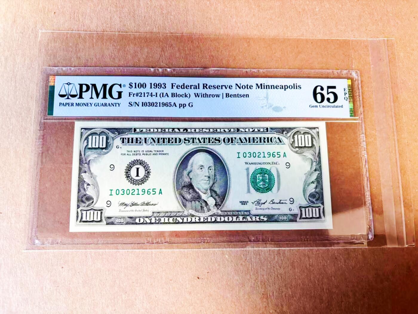 【Blue Auction】世界纸币精拍第778期——18级TOP拍卖/信誉/品质/专业/高效💫 【无47 少见9区】美国 1993年100美金 PMG65EPQ 
