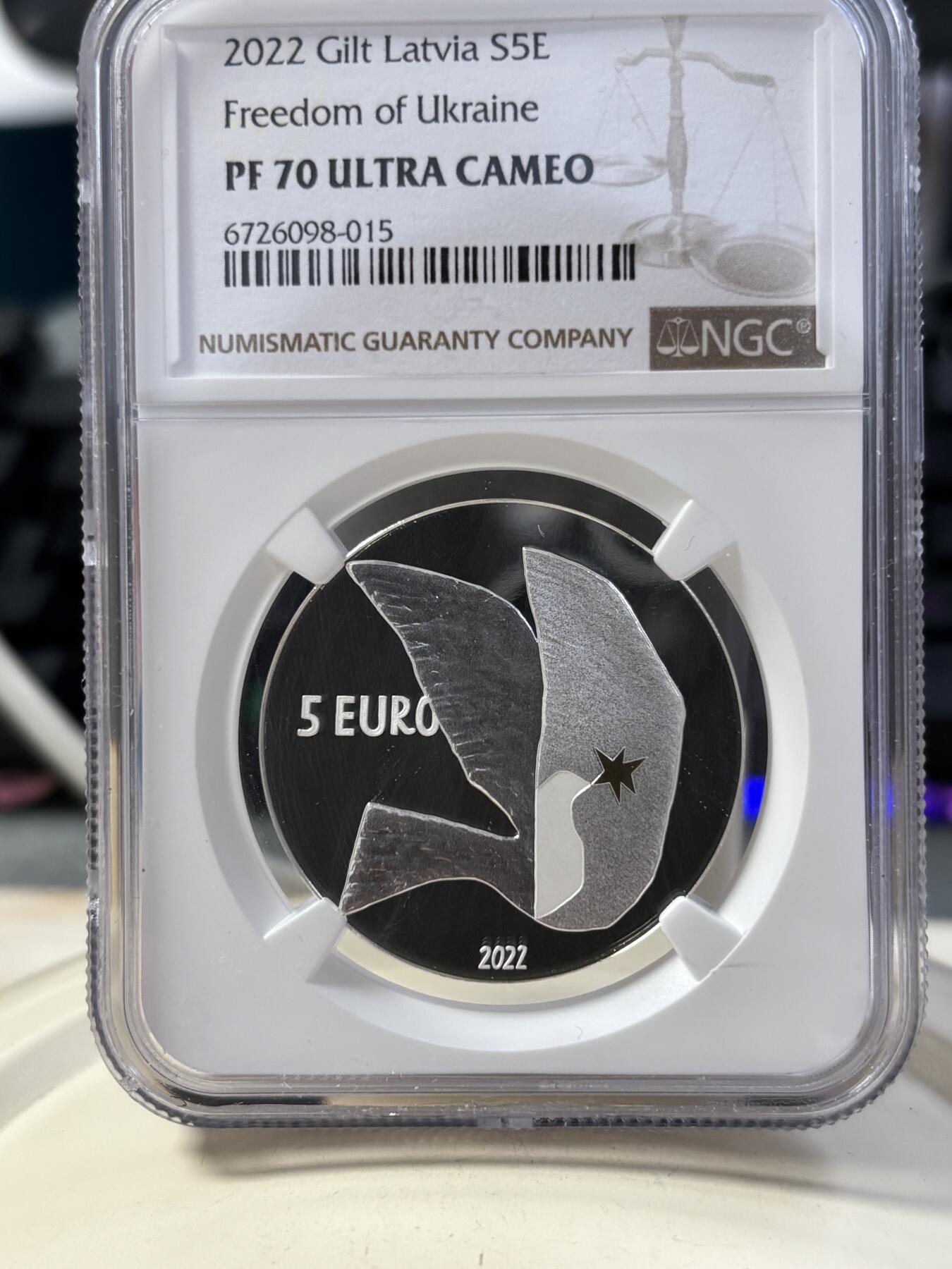 第189期拍卖 拉脱维亚2022年为了自由精制纪念银币NGC-PF70无盒无证书，999银，22克，发行8000枚
