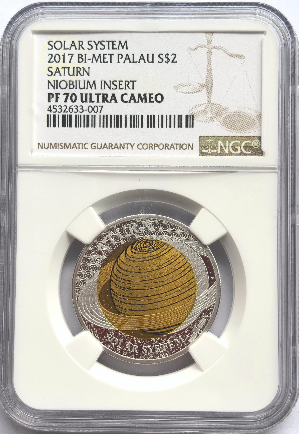 博洋堂世界钱币拍卖第158期（全场包邮） NGC PF70UC  2017年帕劳2元银铌双金属类精制币 太阳系-土星 8.3克999银 6.7克铌 盒证全 发行量：3千