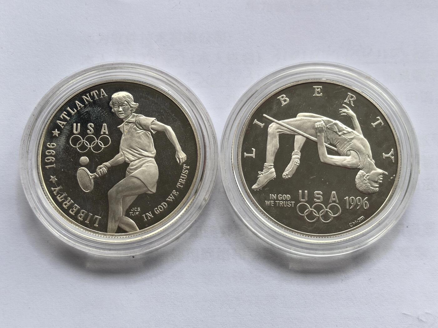 博洋堂世界钱币拍卖第158期（全场包邮） 1996年美国1美元两枚精制银币套 亚特兰大奥运会-跳高和乒乓 26.73克900银X2 盒证全