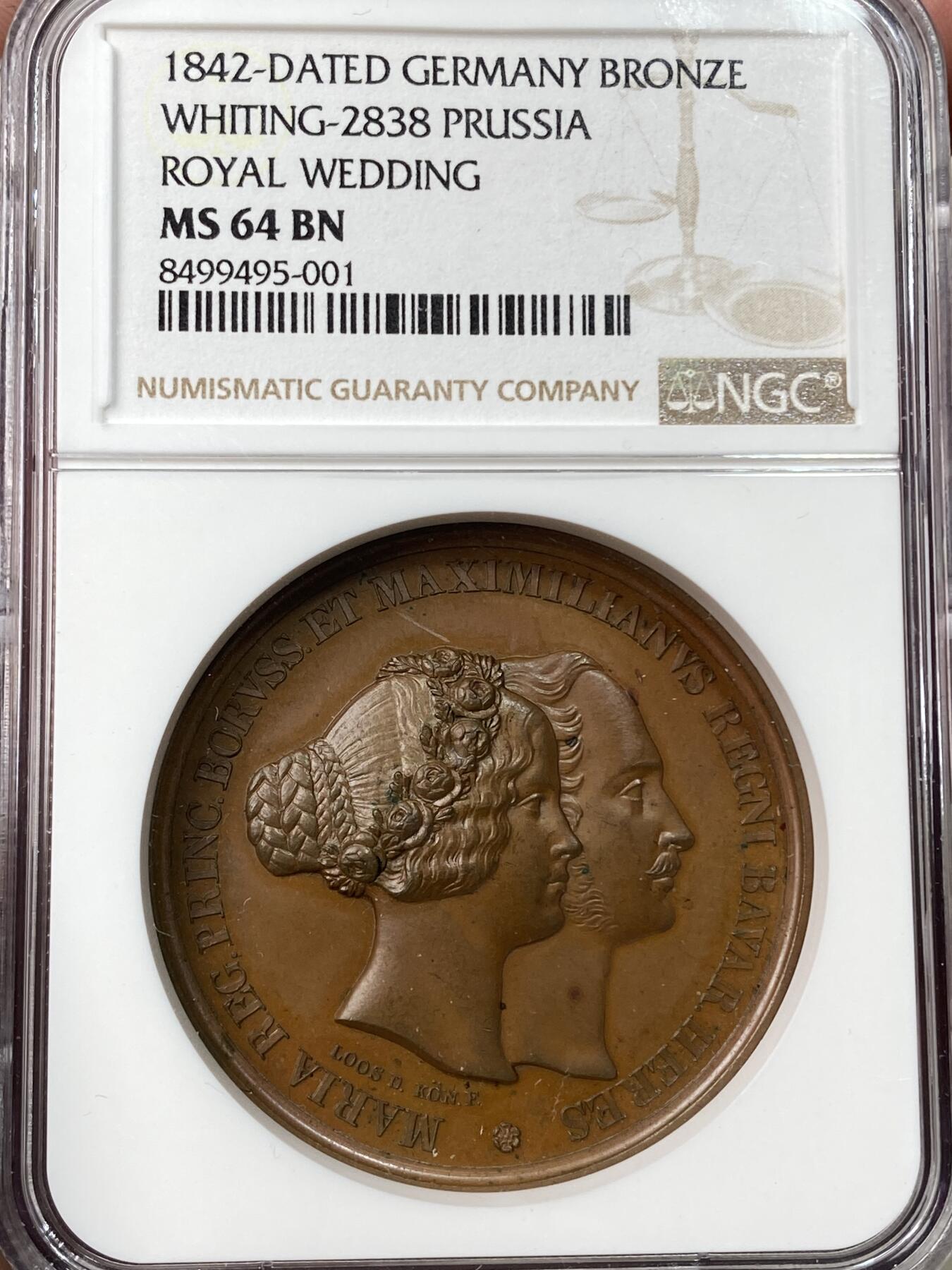 万国钱币拍卖第059期 NGC MS64 1842年德国普鲁士玛莉亚公主与巴伐利亚王储马克西米利安结婚纪念大铜章 德系婚礼纪念系列 高浮雕原铜光