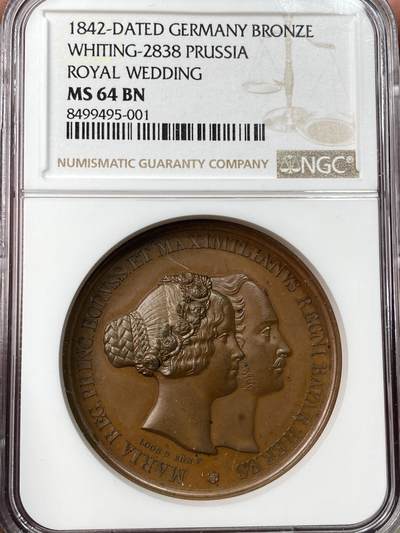 万国钱币拍卖第059期 - NGC MS64 1842年德国普鲁士玛莉亚公主与巴伐利亚王储马克西米利安结婚纪念大铜章 德系婚礼纪念系列 高浮雕原铜光