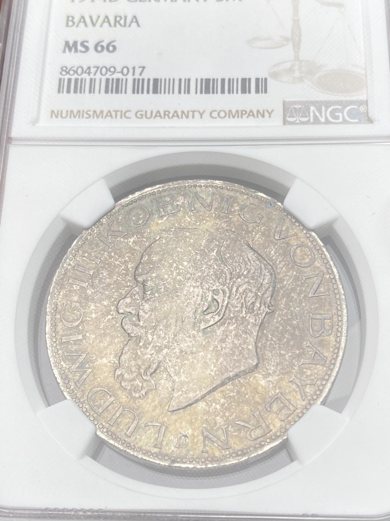 万国钱币拍卖第059期 NGC MS66 1914年德国巴伐利亚路德维希三世长翅流通5马克 发行量142600枚 能达到GEM级别的凤毛麟角 巴伐利亚末代国王 双面厚重五彩 NGC冠军分顶级典藏品质